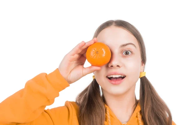 Cheerful Kid Citrus Fruit Mandarin Full Vitamins Isolated White Fruits — Foto de Stock