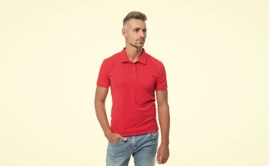 handsome guy with grizzled hair in red shirt isolated on white background.