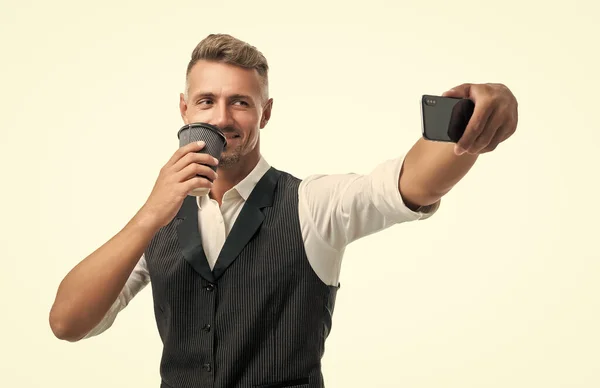 Happy Manager Drinking Coffee Taking Selfie Smartphone Isolated White — Φωτογραφία Αρχείου