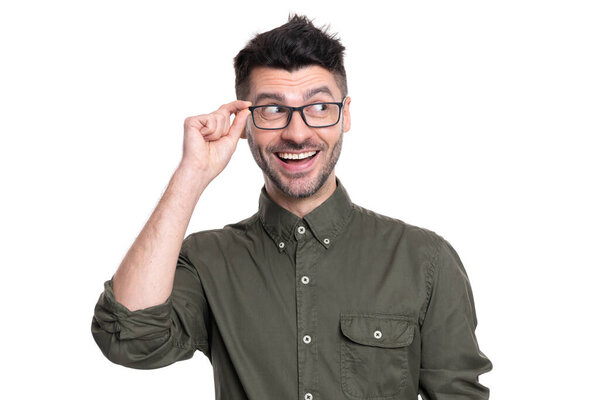 surprised boss man portrait in studio. boss in glasses. adult boss man wearing shirt. portrait of man boss isolated on white background.