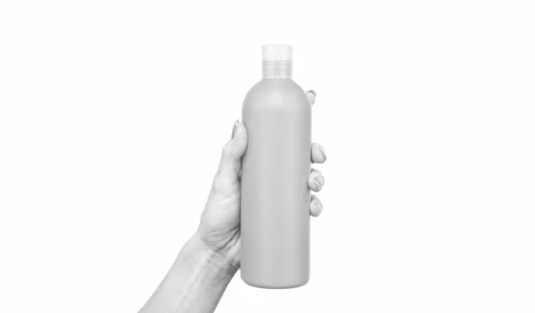 Kvinnliga Händer Hålla Keratin Flaska Med Kopieringsutrymme — Stockfoto
