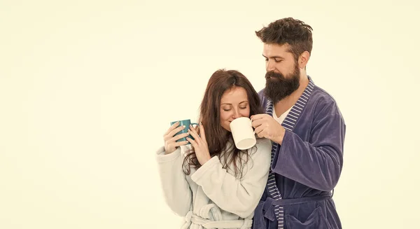 Wife Husband Bathrobes Hold Tea Mug Coffee Cup Caffeine Power — Photo