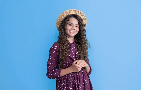 Smiling Child Straw Hat Long Brunette Curly Hair Blue Background — Fotografia de Stock