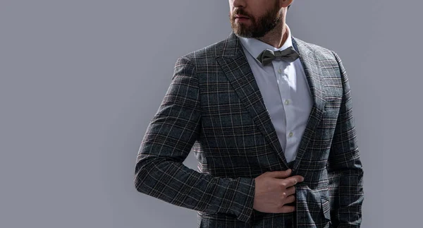 Man Formalwear Tuxedo Isolated Grey Background Banner Formalwear Man Studio — Stock Photo, Image