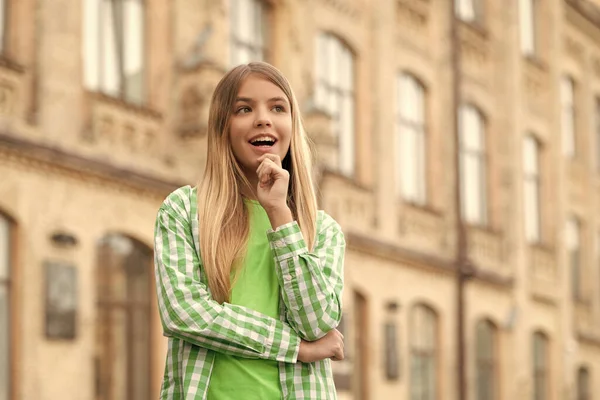 Happy Teen Girl Looking Away Chin Hand Blurry Outdoors Copy — Photo