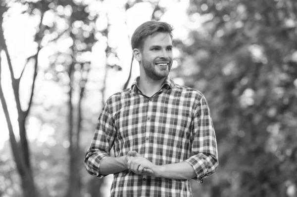 Happy Young Man Checkered Shirt Outdoor — Stockfoto