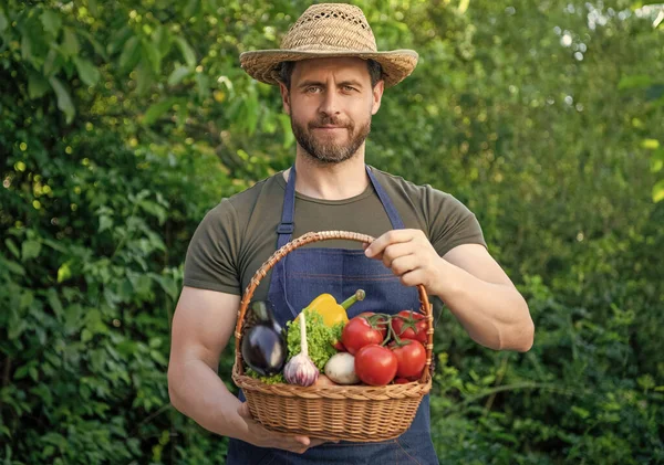 Greengrocer Straw Hat Hold Basket Full Vegetables — Zdjęcie stockowe