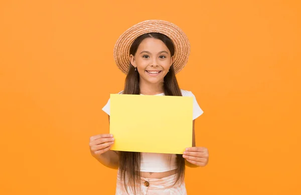 summer sales - end of season. advertising of beach party. paper art and craft style. hello summer. happy kid presenting paper sheet. summer teen girl. place for copy space. At the school break.