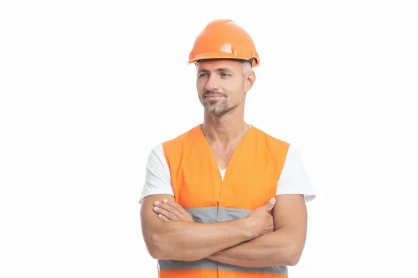 Happy Man Worker Background Photo Man Worker Wearing Reflective Vest — Stock Photo, Image
