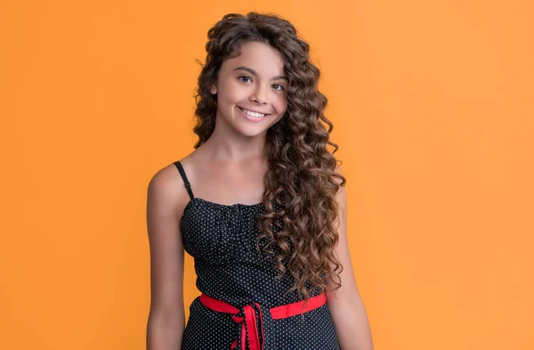 Happy Child Long Brunette Afro Hair Yellow Background — 스톡 사진
