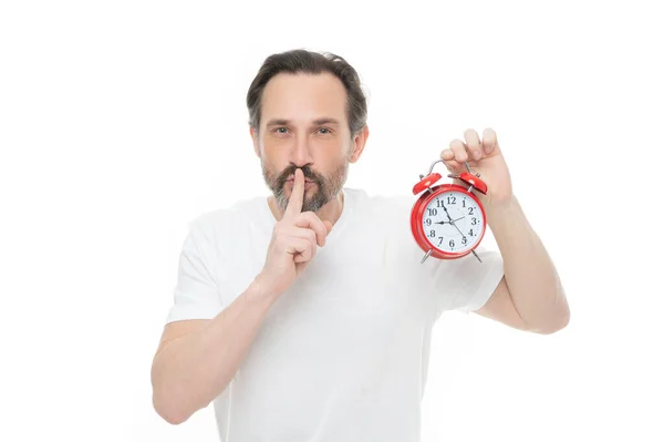 Photo Man Alarm Clock Show Hush Gesture Keep Calm Hush — Fotografia de Stock
