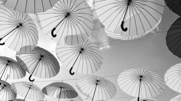 Renkli Şemsiyeler Mavi Gökyüzünde Renkli Şemsiyeler Sokak Dekorasyonu — Stok fotoğraf