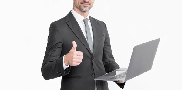 Smiling Mature Businessman Working Laptop Isolated White Background — Stock Fotó