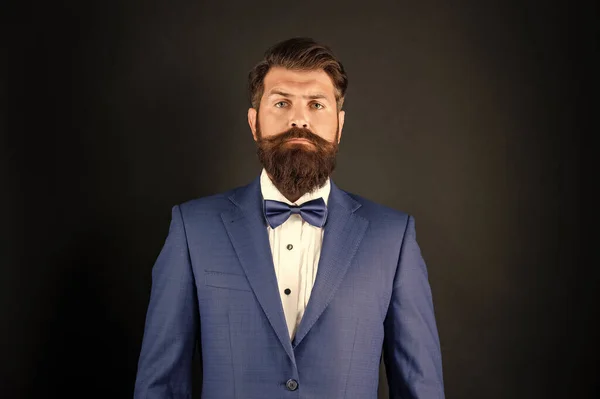 Serious Man Blue Tuxedo Bow Tie Man Formalwear Black Background — Stock Fotó