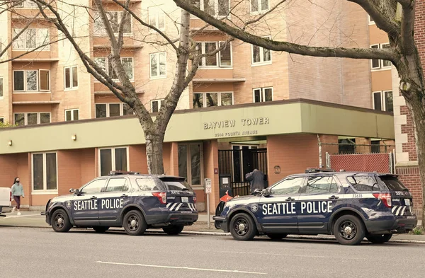 Seattle Washington Eua Abril 2021 Dois Carros Polícia Seattle Estacionados — Fotografia de Stock