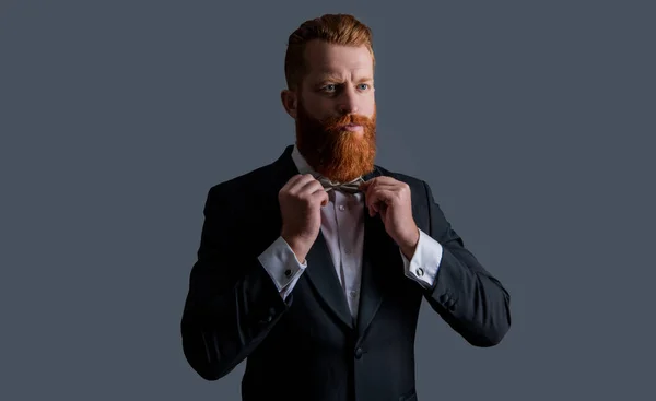 Elegant Groom Fixing Bowtie Black Tuxedo Handsome Groom Studio Redhead — Stock Photo, Image