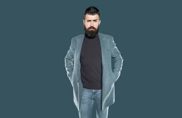 Bearded Ambitious Man Casual Grey Background — Stock Photo, Image