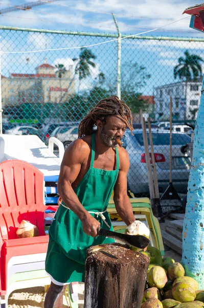 Nassau Bahama Januari 2016 Havikman Met Dreadlocks Gesneden Kokosnoot — Stockfoto