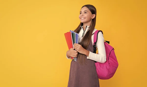 Cheerful Child School Backpack Workbook Yellow Background — Φωτογραφία Αρχείου