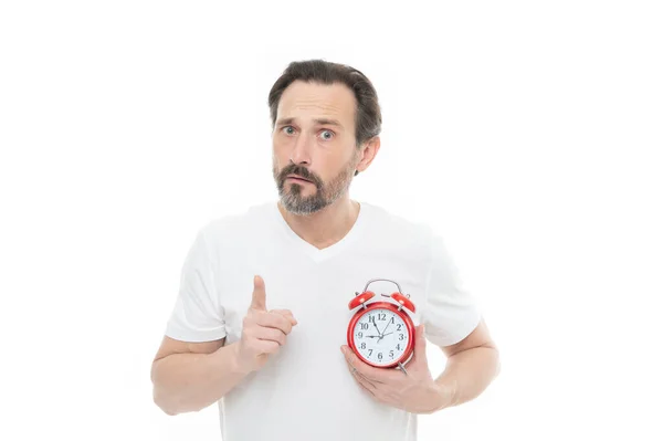 Confused Man Alarm Clock Isolated White Man Alarm Clock Studio — Fotografie, imagine de stoc