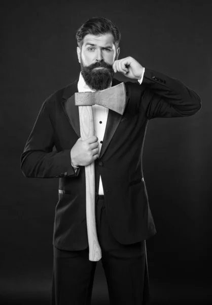 Barbershop Bearded Man Twirl Moustache Brutal Barber Hold Hatchet Axe — Stock Photo, Image