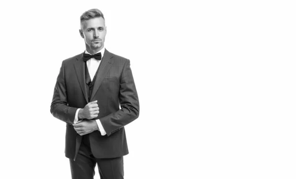Handsome Man Bow Tie Blue Suit Businessman Isolated White Formal — Stock Photo, Image