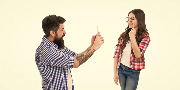 Happy Family Girl Child Daughter Booth Glasses Posing Bearded Man — Stockfoto
