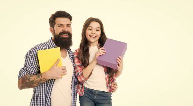 Shopping for joy. Happy family celebrate holiday. Gift shop. Sale and shopping. Father and child hold present boxes. Enjoying holiday shopping. Buy online. Shopping is always good idea.