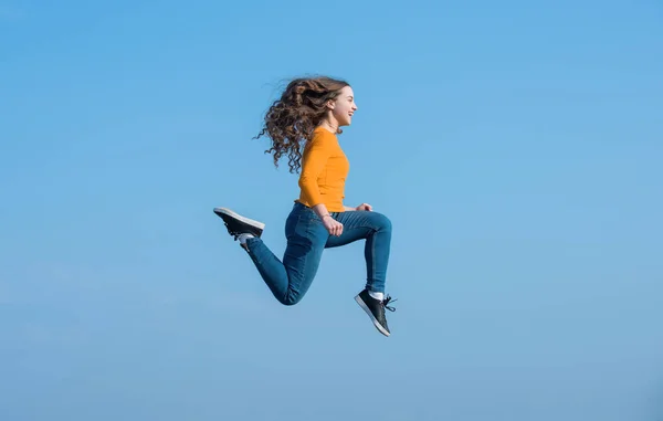 Happy Teen Girl Jump High Sky Background Vitality — Stock Fotó