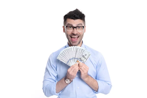 Hombre Excitado Sosteniendo Estudio Papel Moneda Hombre Rico Sonriendo Con — Foto de Stock