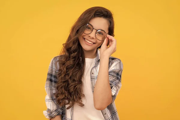 Happy Teen Child Checkered Shirt Glasses Yellow Background — Stockfoto