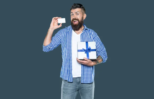 Surprised Mature Bearded Man Present Box Card — Stock Photo, Image