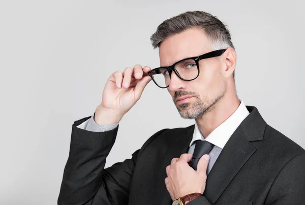 Mature Entrepreneur Businesslike Suit Glasses Grey Background Copy Space — Stok fotoğraf