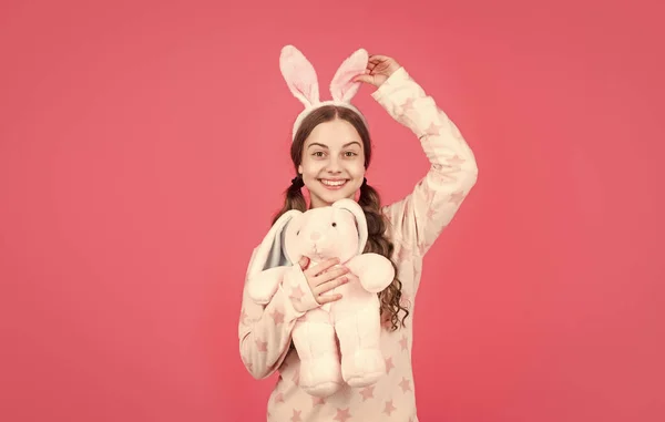 Happy Easter Child Girl Bunny Rabbit Ears Pajamas Play Toy — Stock Photo, Image