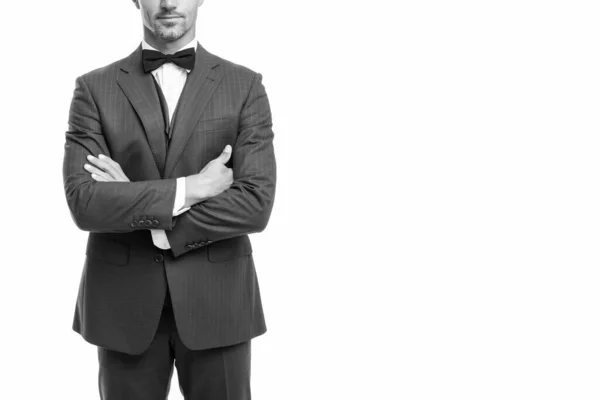 Taille Elegante Man Ober Met Strikje Geïsoleerd Witte Achtergrond — Stockfoto
