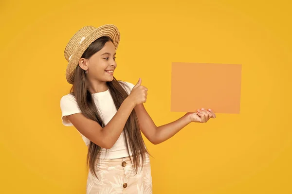 Happy Teen Girl Copy Space Orange Paper Yellow Background Thumb — Fotografia de Stock