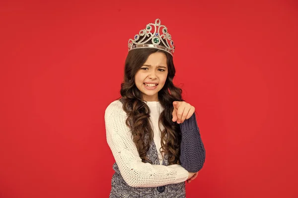 Displeased Child Queen Crown Arrogant Princess Tiara Kid Pointing Finger — Stockfoto