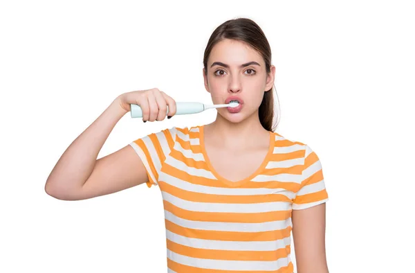 Amazed Girl Toothbrush Isolated White Background —  Fotos de Stock