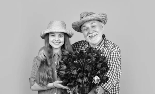 Happy Old Grandfather Granddaughter Hold Tulip Flowers Yellow Background — Fotografia de Stock