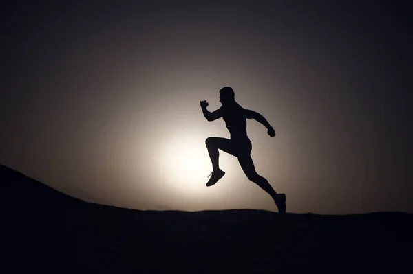 Man Running Silhouette Sunset Background Young Caucasian Run Mountain — Stock Photo, Image
