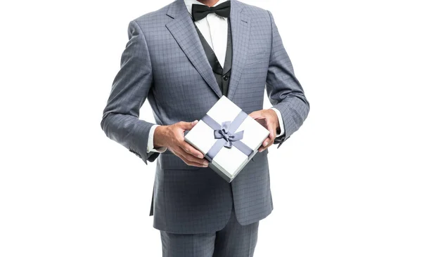 Mature Man Suit Birthday Present Isolated White — Foto de Stock