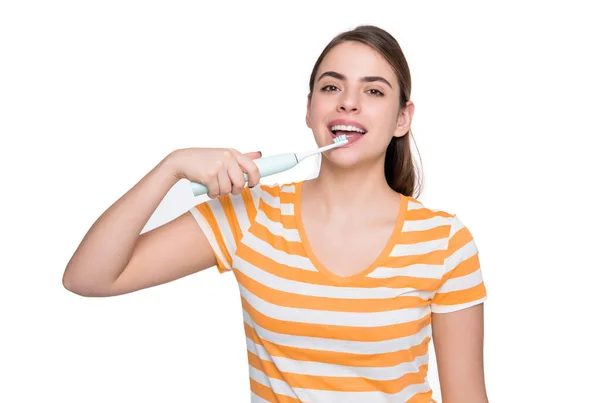 Glad Young Girl Toothbrush Isolated White Background — Fotografia de Stock