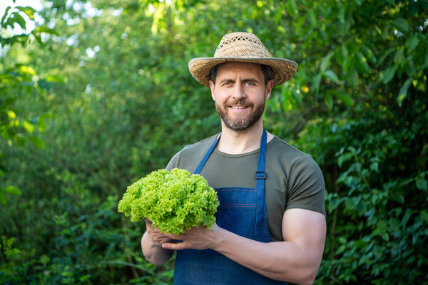сельскохозяйственный работник в соломенной шляпе с листьями салата.
