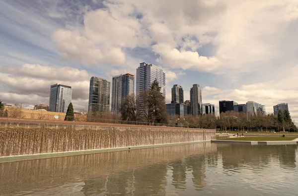 美国华盛顿市西雅图 2021年4月2日 水落石出的西雅图克里公园和摩天大楼 — 图库照片