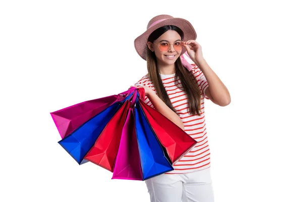 Teen Girl Indossare Occhiali Sole Shopping Vendita Isolato Bianco Teen — Foto Stock