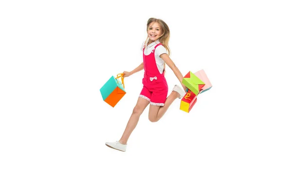 Sonriente Adolescente Saltando Después Compras Aislado Blanco Chica Adolescente Saltando — Foto de Stock