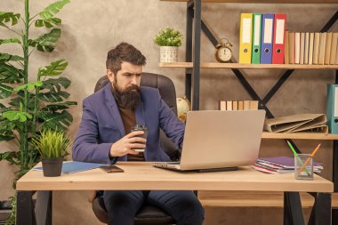 Ofiste bilgisayar ve kahve eşliğinde iş dünyasının acımasız CEO 'su, e-postayı kontrol et..