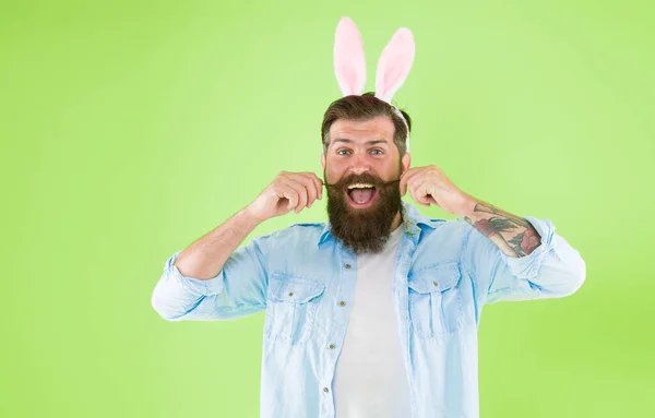 stock image Just grow your hair. Bearded man wear bunny ears green background. Hipster with facial hair in Easter style. Handlebar moustache. Hair salon. Barbershop. Keep the hair out of your mouth.