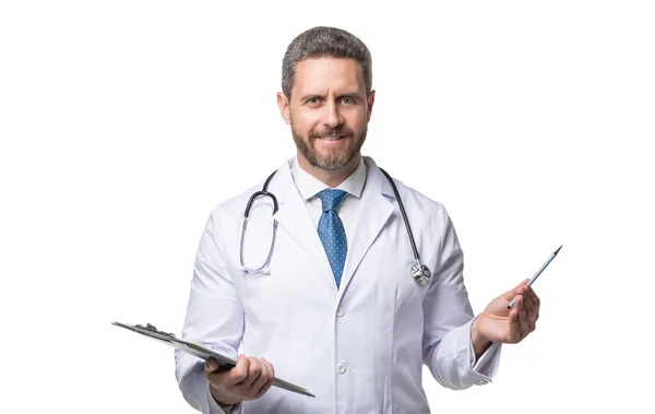 Szczęśliwy Lekarz Trzymający Notatnik Medyczny Długopis Medyk Białym Fartuchu Profesjonalna — Zdjęcie stockowe