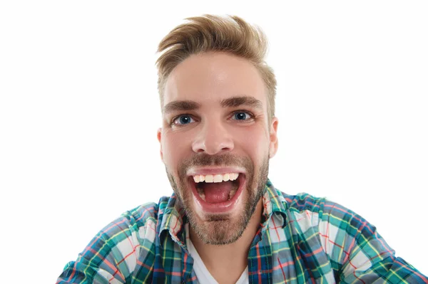 Hombre Feliz Selfie Estudio Foto Del Hombre Selfie Con Camisa — Foto de Stock
